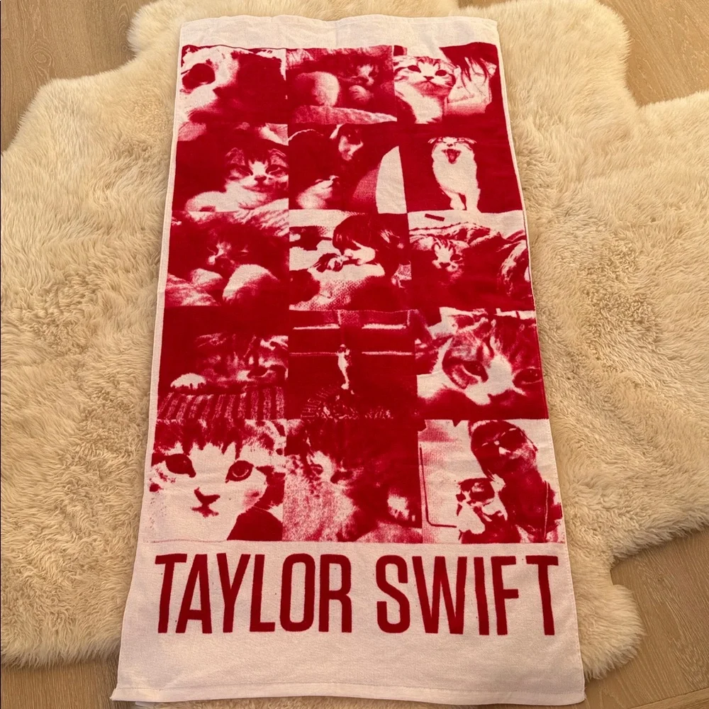 Taylor Swift Red & White Meredith Cat Photo Collage Towel - NWOT